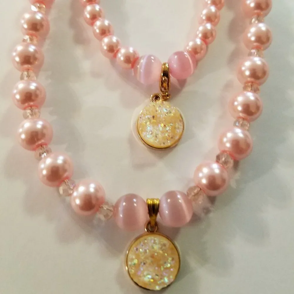 Hand Crafted Necklace & Bracelet Pink Pearl Crystals Cats Eye with Pendant